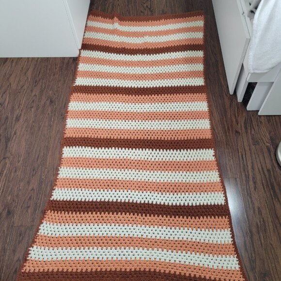 Handmade Crochet Afghan Throw Blanket Multicolored Striped Brown White Orange - Picture 8 of 10